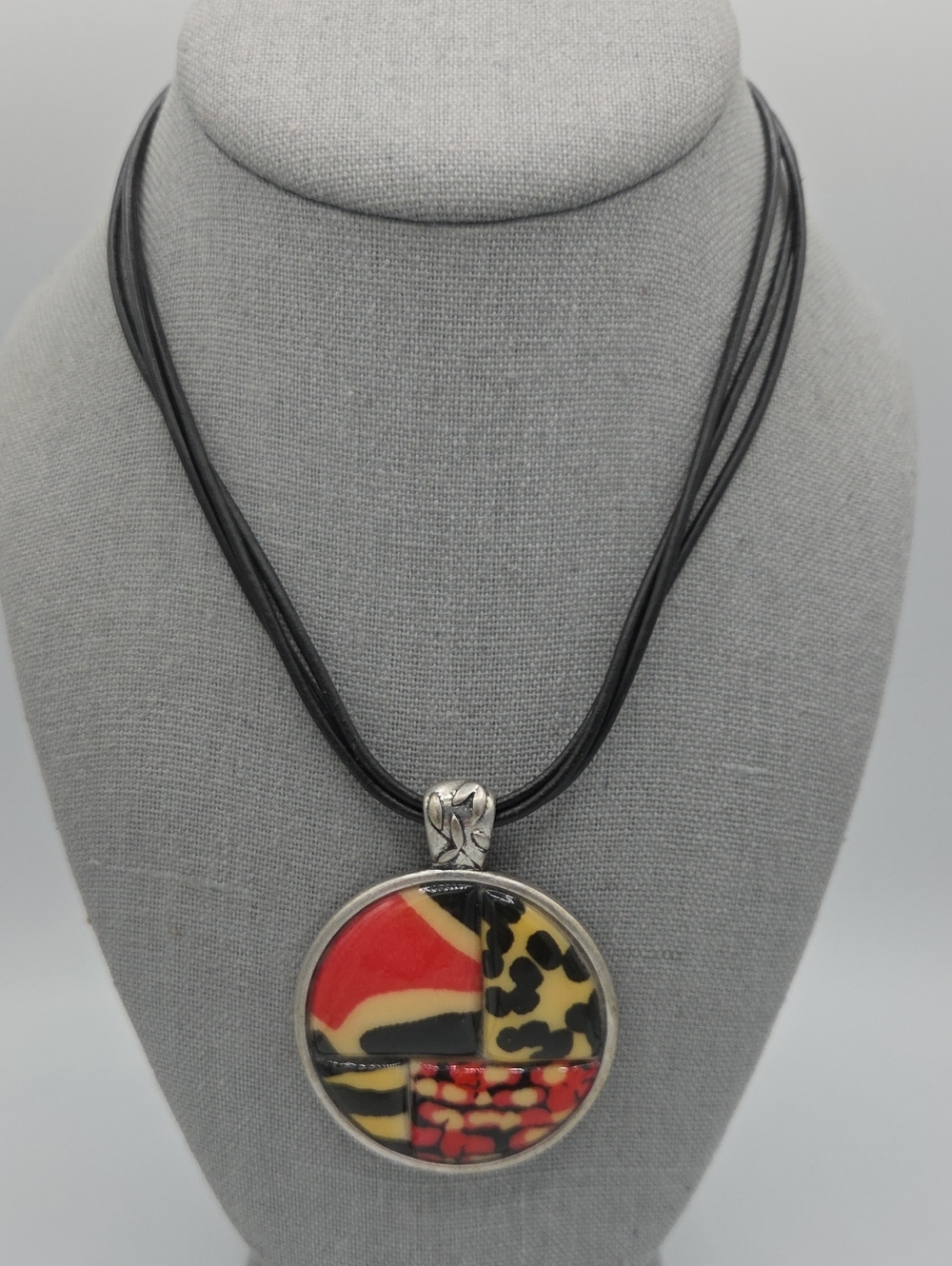 5 for $25! Laura Ashley Colorblock Round Pendant Necklace - Black Cord